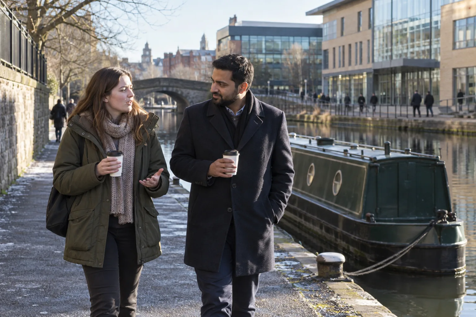 A college tutor and a youth worker walk along a canal towpath on a lunch break, the college building across the water