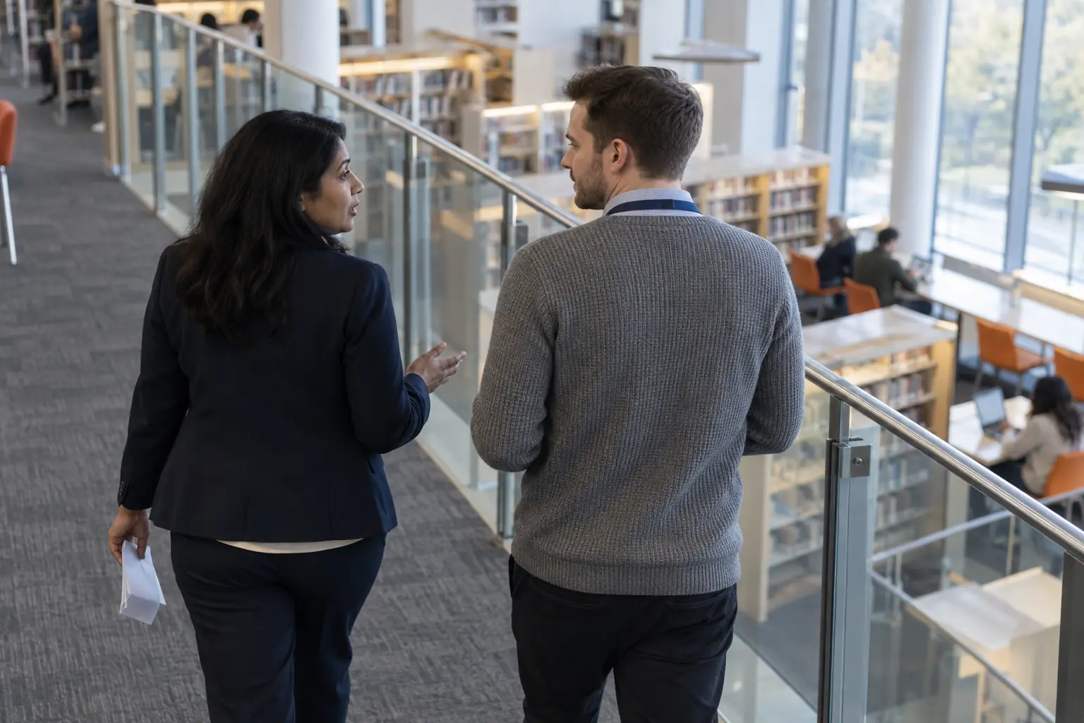 A college tutor and a safeguarding lead talk on a library mezzanine, one holding a folded printed form