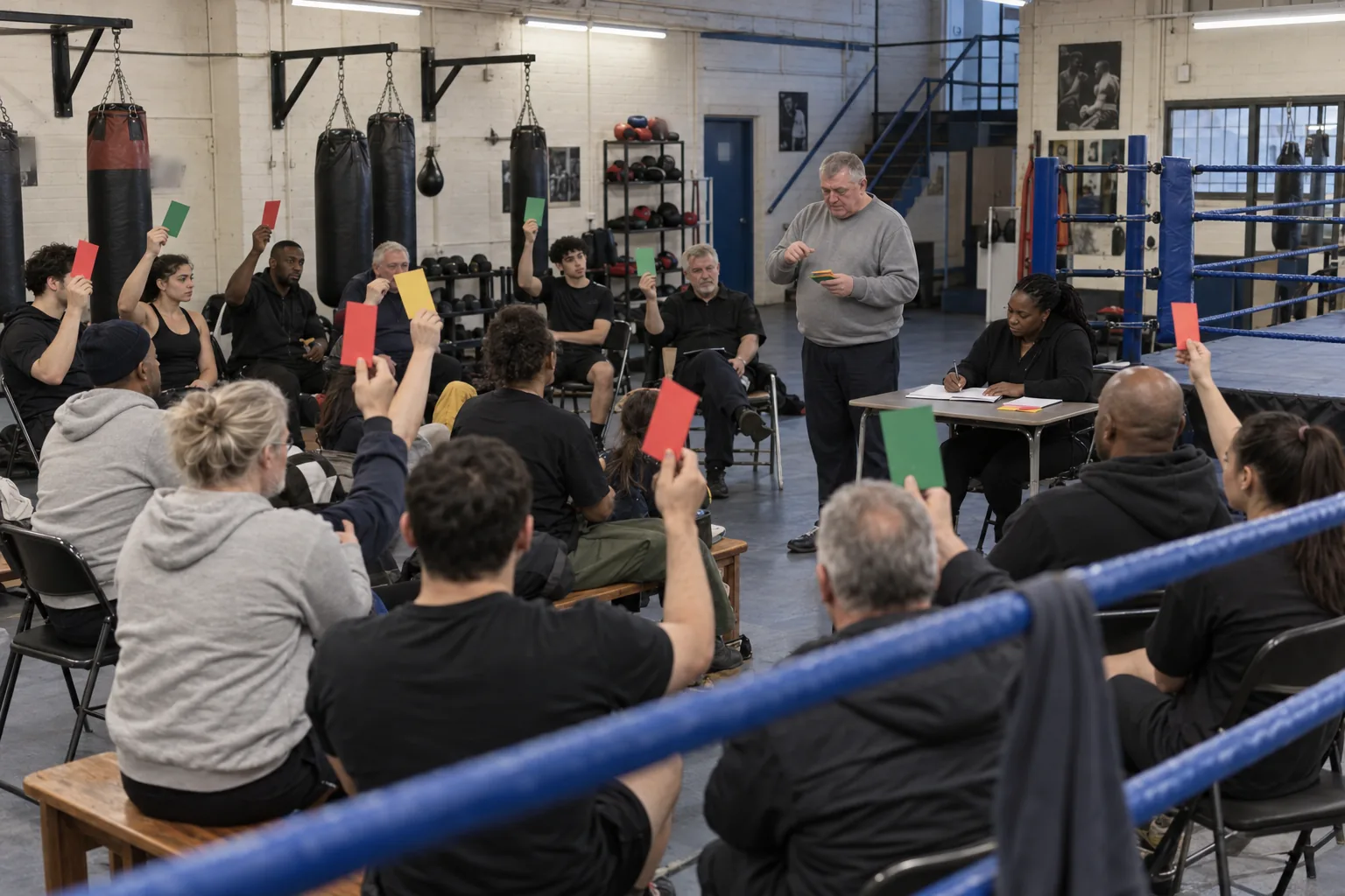 At the annual general meeting of a community boxing club charity, members seated beside the ring hold up coloured voting cards as the secretary counts and a minute-taker writes at a side table