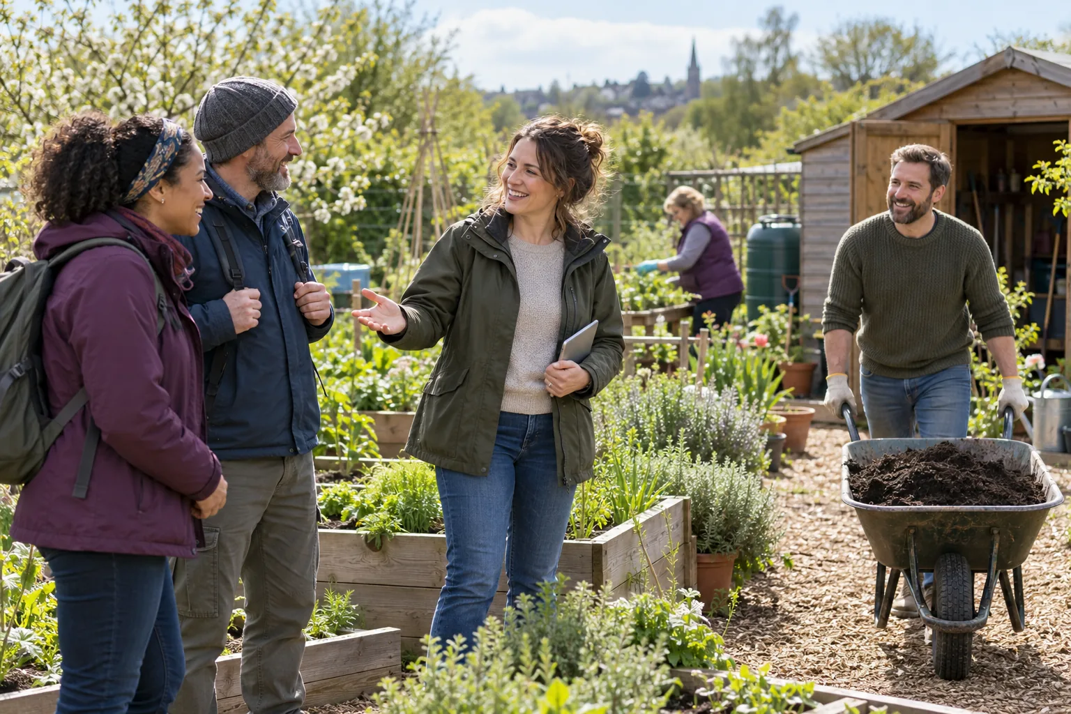 On a cold, bright spring morning at a community allotment run by a small charity, the volunteer coordinator in a waterproof jacket greets volunteers arriving for the season's first work day, a tablet held at her side as a man in work gloves wheels a barrow of compost past raised beds and a timber shed