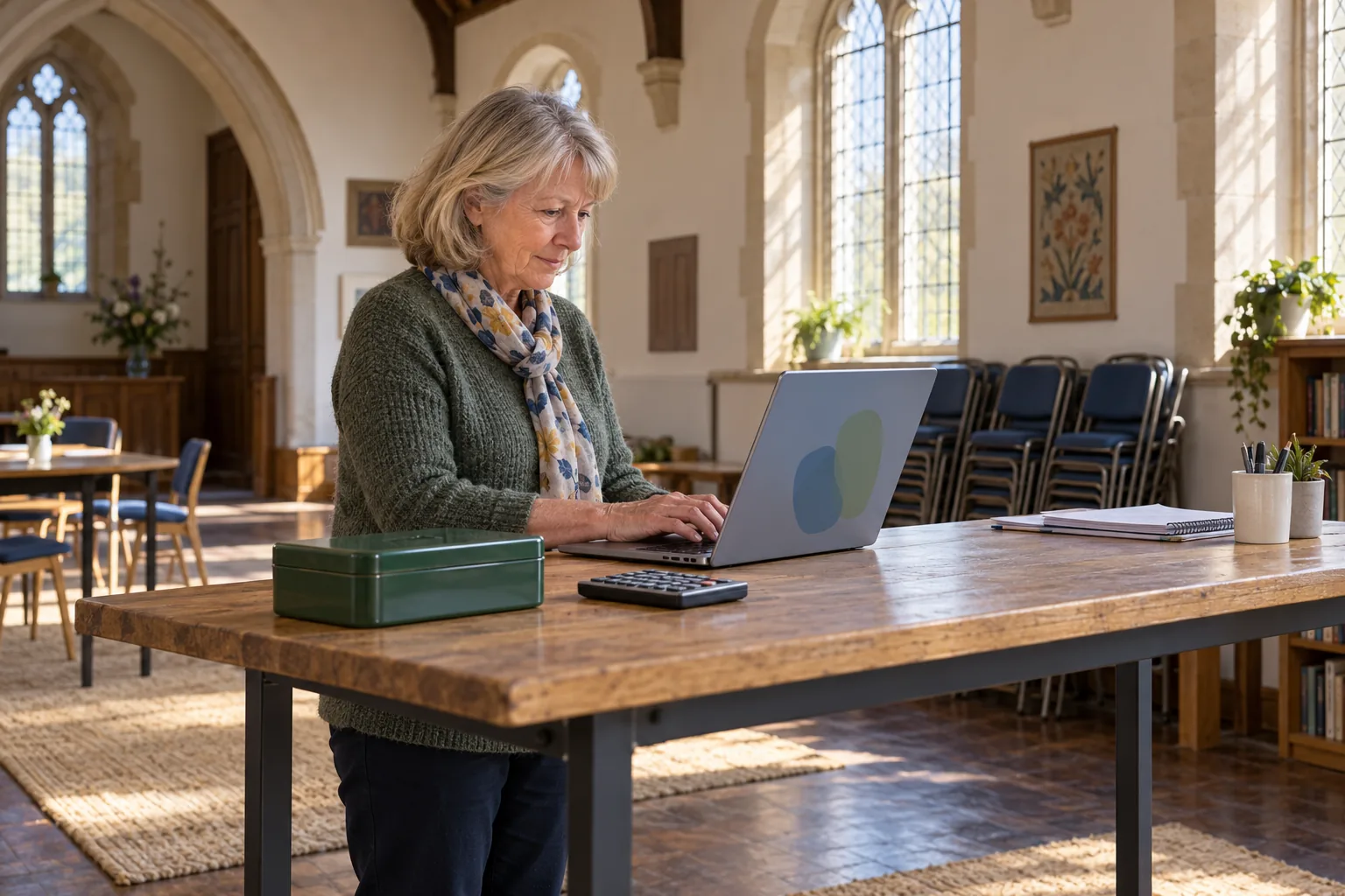 In a converted chapel that now houses a small community charity, the treasurer, a woman in her sixties in a cardigan, works alone at a tall standing desk on a weekday afternoon, a laptop, a calculator and a closed cash tin in front of her, light falling through tall arched windows onto stacks of folding chairs behind