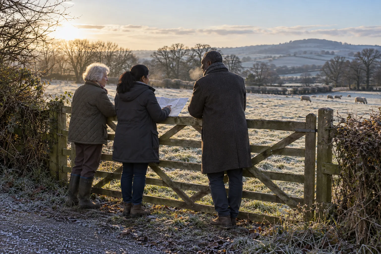 Two trustees and the charity’s accountant lean on a field gate on a frosty morning, looking over a field left to the charity in a will