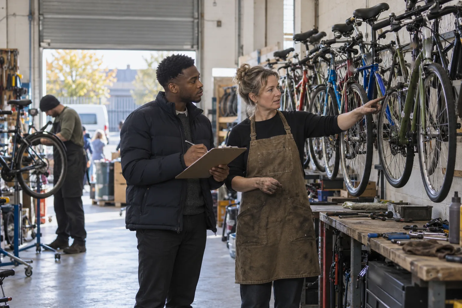An external auditor and a community cycling charity’s operations manager check rows of refurbished bicycles hanging on wall hooks in the charity’s workshop