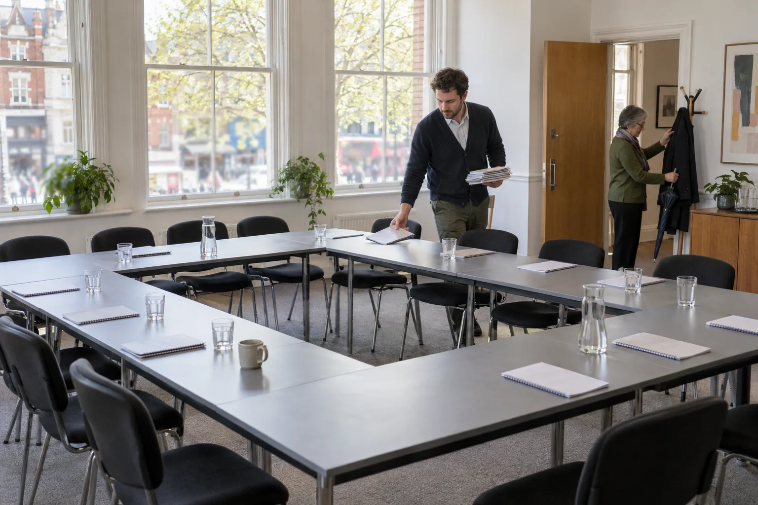 Before a board meeting, a charity’s governance officer lays a printed board pack at each place round a horseshoe of tables as an early trustee hangs up her coat in the doorway