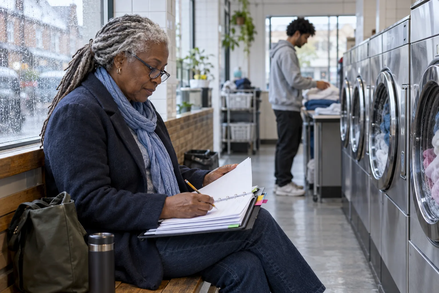 A charity trustee reads her printed board pack on the bench of a launderette while her washing turns in the machines behind her