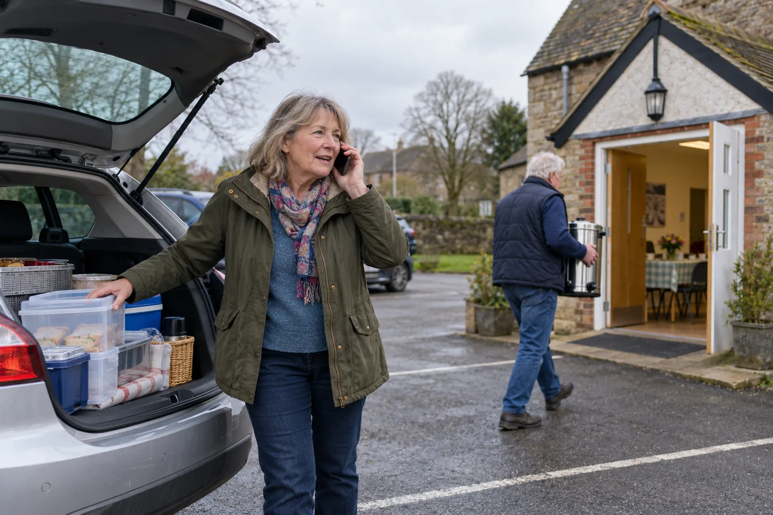 In the car park of a village hall on a grey morning, the coordinator of a lunch club for older people talks on her mobile beside an open hatchback while a volunteer carries a tea urn towards a neighbouring church hall, its door propped open