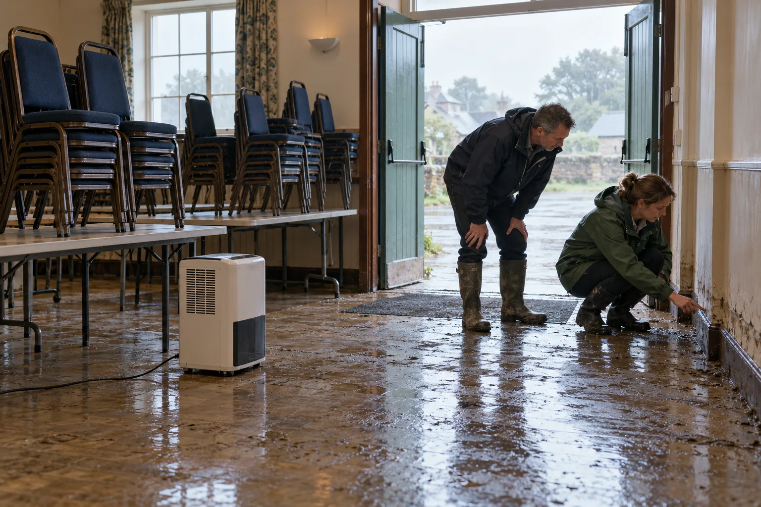 Early on a wet morning in an English community centre hall after a flood, chairs stacked on folding tables and a dehumidifier running, a charity operations manager in wellington boots and a volunteer in a waterproof jacket assess the water damage near the open double doors