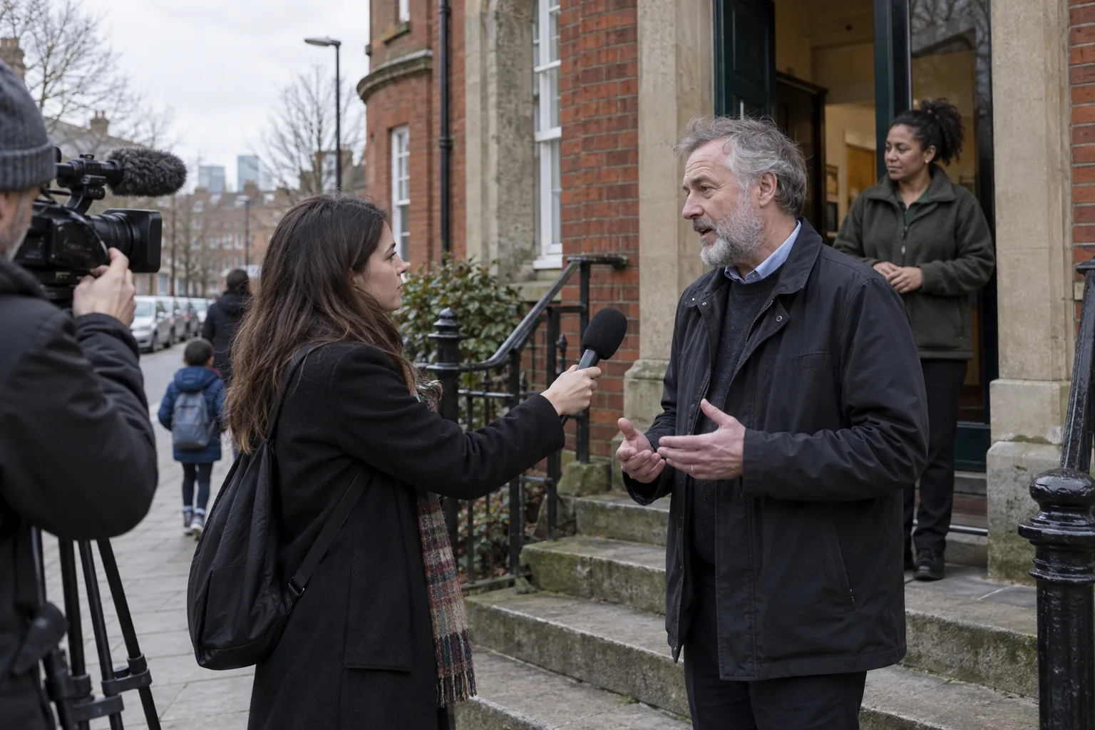 The chief executive of a small homelessness charity talks to a local radio reporter holding a microphone on the steps outside a day centre, a colleague waiting by the door