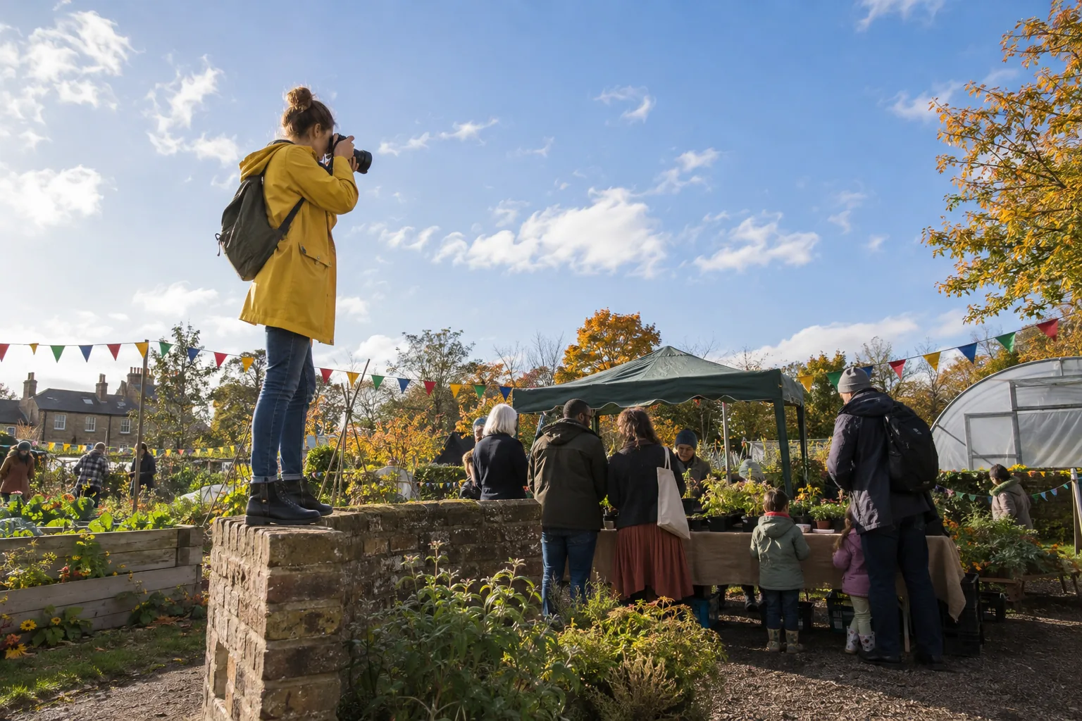 A volunteer stands on a low brick wall to photograph a community garden open day, families queuing at a plant stall below her under a bright autumn sky