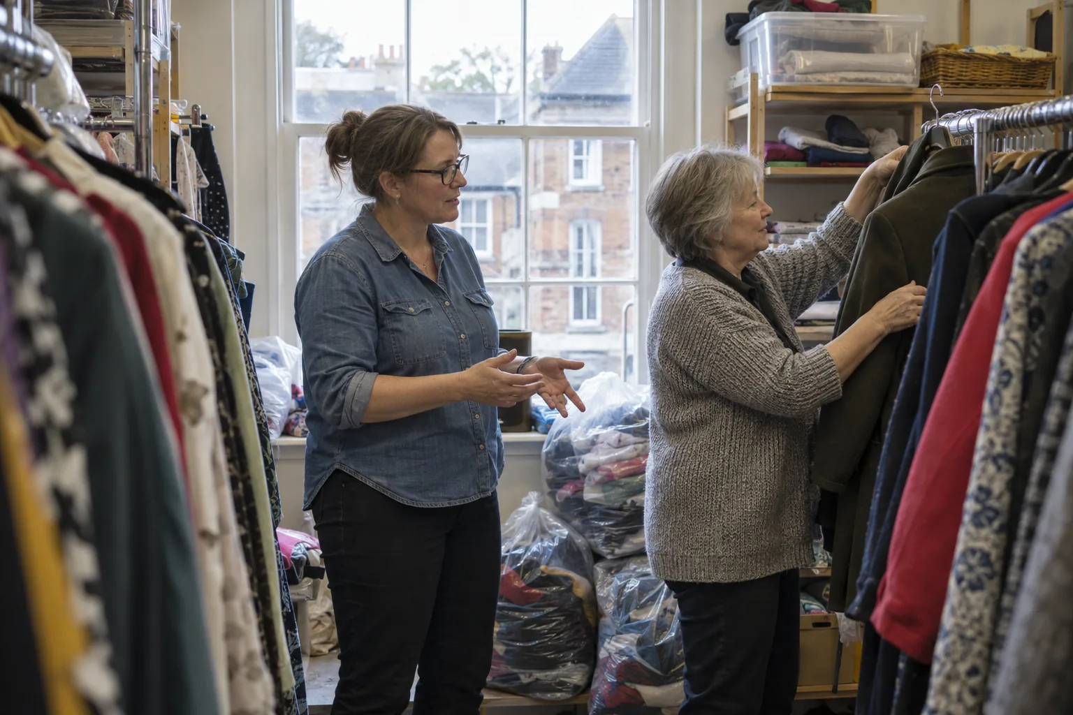 In the stockroom above a charity shop, the operations manager talks with a volunteer among rails of sorted donated clothes, stuffed donation bags stacked by the window