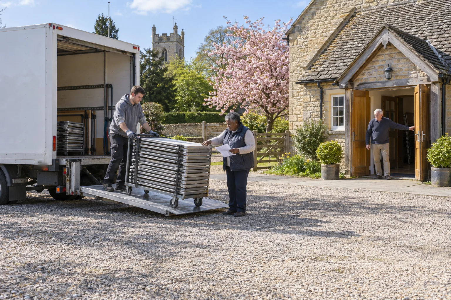 Outside a stone village hall on a bright spring morning, a trustee checks a delivery of new stacking tables against a printed order as the driver wheels them off a lorry’s tail lift