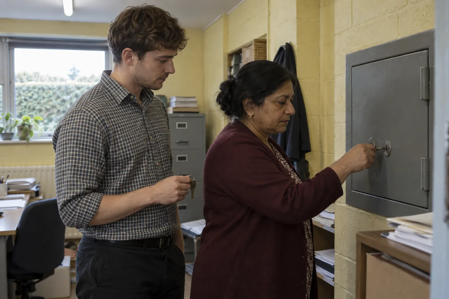 In a community centre office, the finance officer turns her key in a small wall safe while the centre manager stands beside her holding the second key