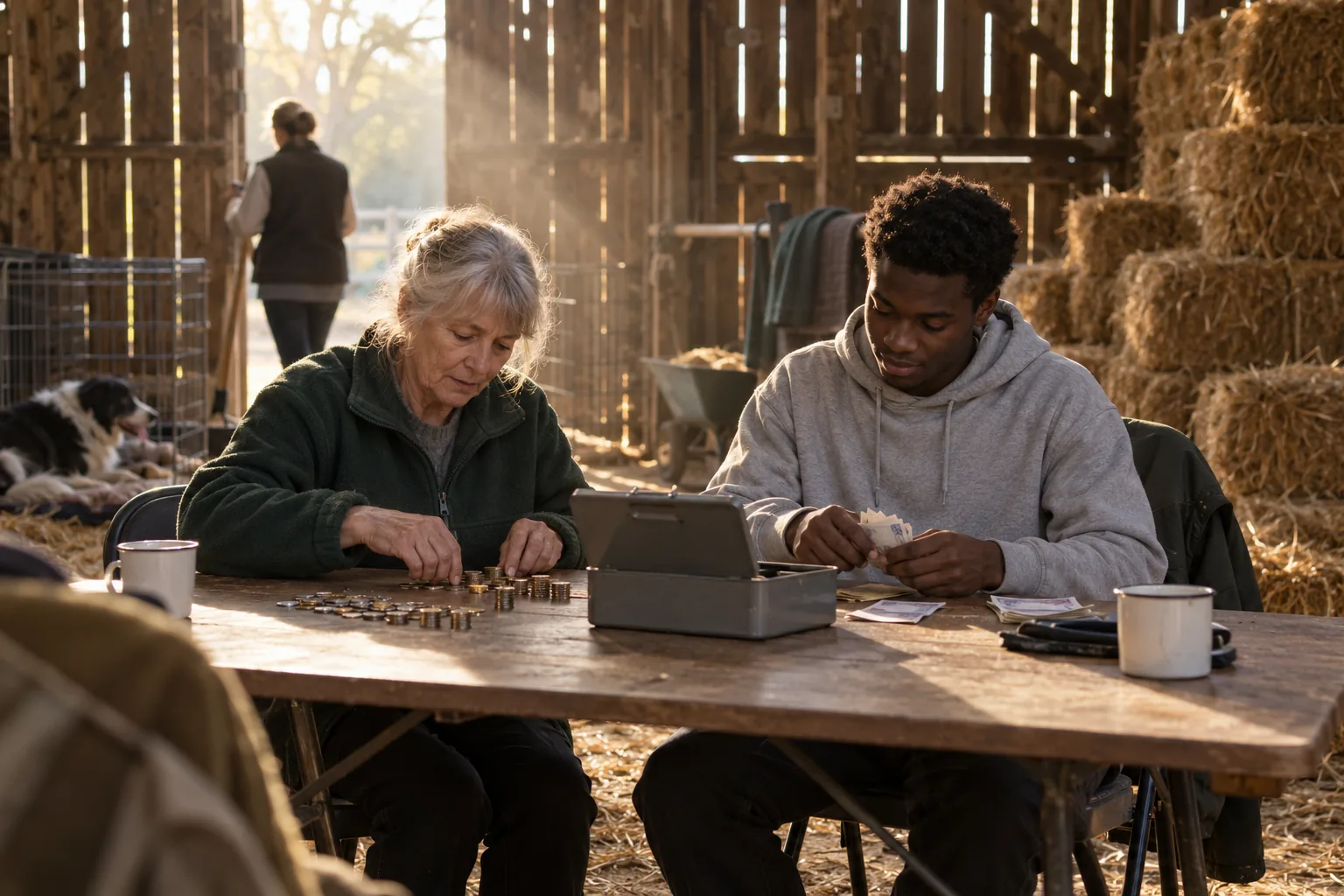 Two volunteers at an animal rescue charity count the takings from a cash tin together at a trestle table inside a barn after an open day, straw bales and a dog crate behind them