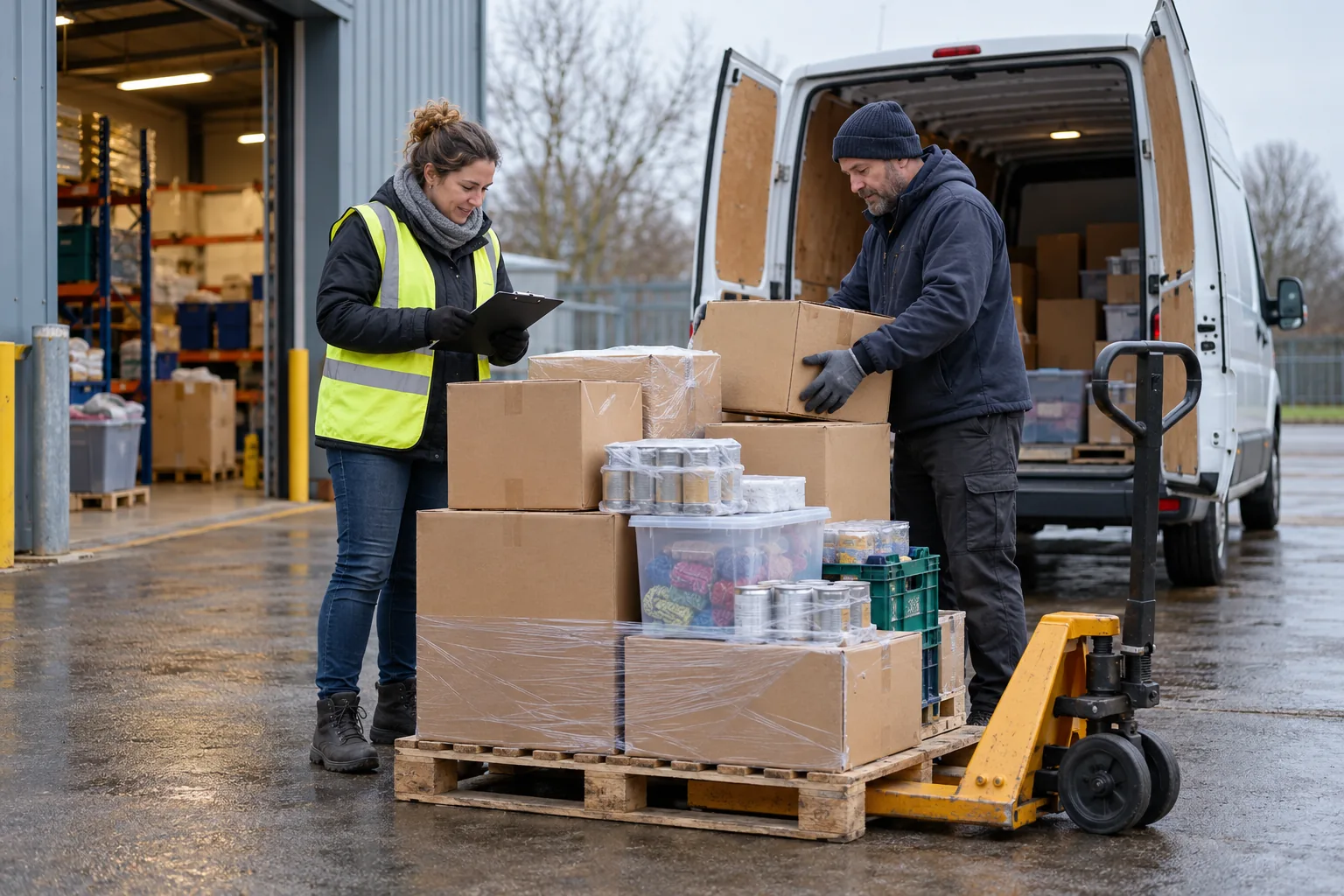 At the loading bay of a charity's community warehouse on a cold morning, a volunteer coordinator in a high-visibility vest checks a pallet of donated goods with a delivery driver, a pallet truck beside them and the van's rear doors open