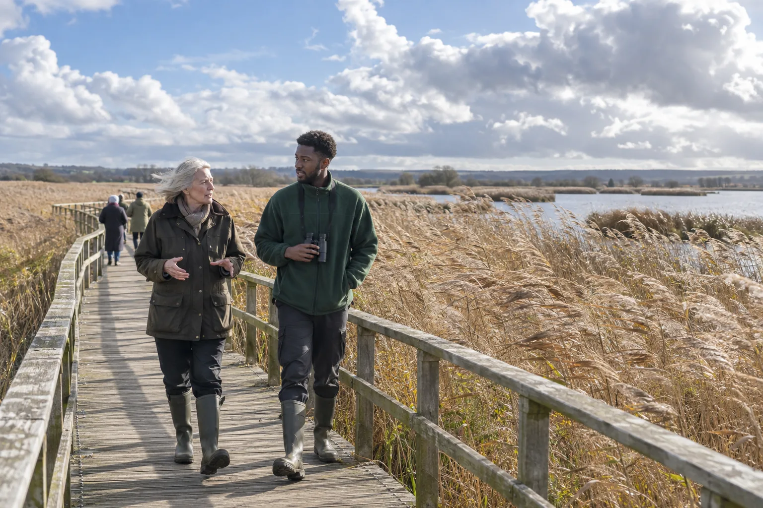The chair of a wildlife charity talks with a volunteer warden on a boardwalk across a reedbed on a bright, blustery morning