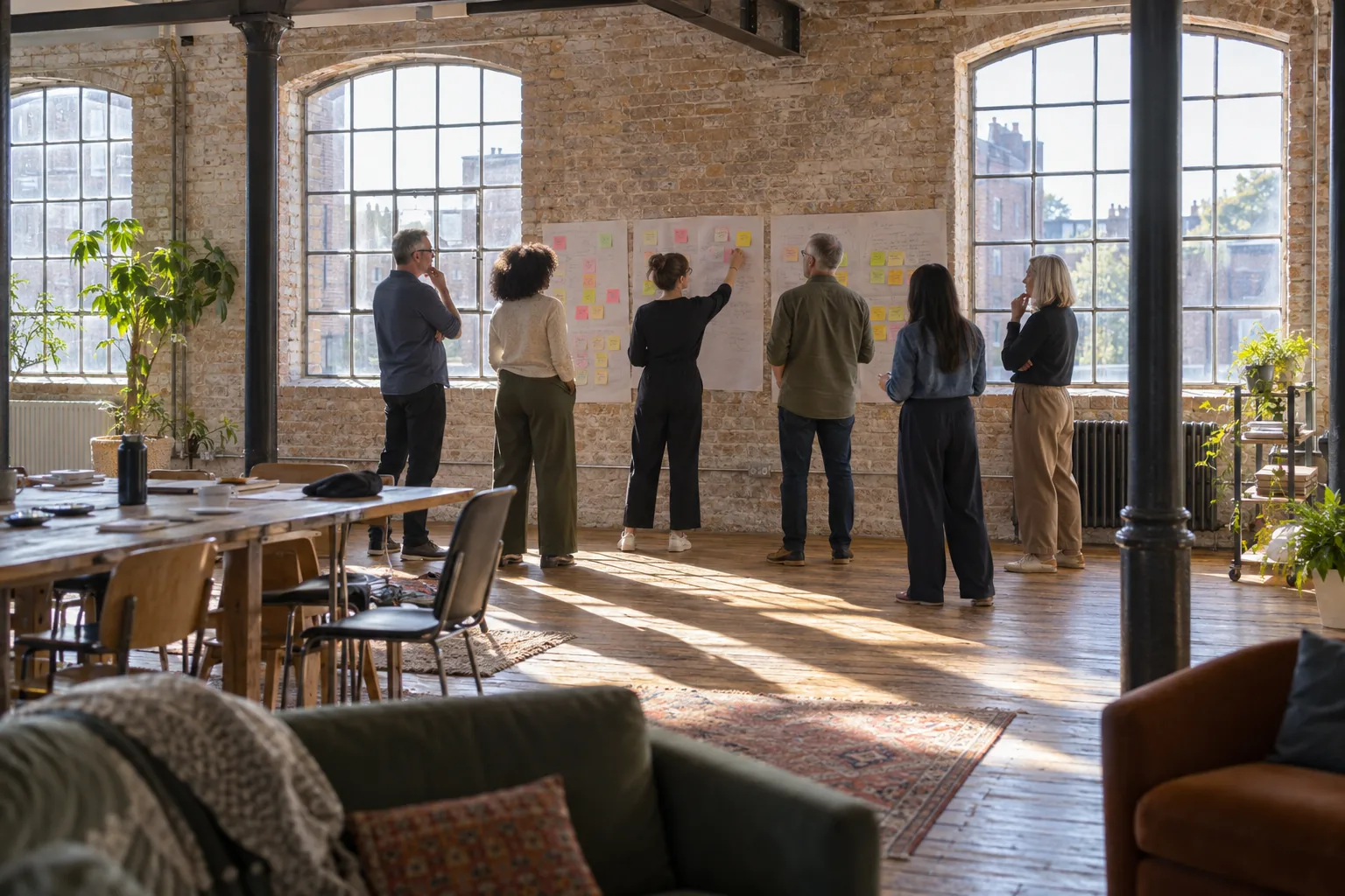 Trustees of a regional arts charity at an awayday in a converted mill, standing around a wall of large paper sheets covered in handwritten notes, afternoon light through tall windows