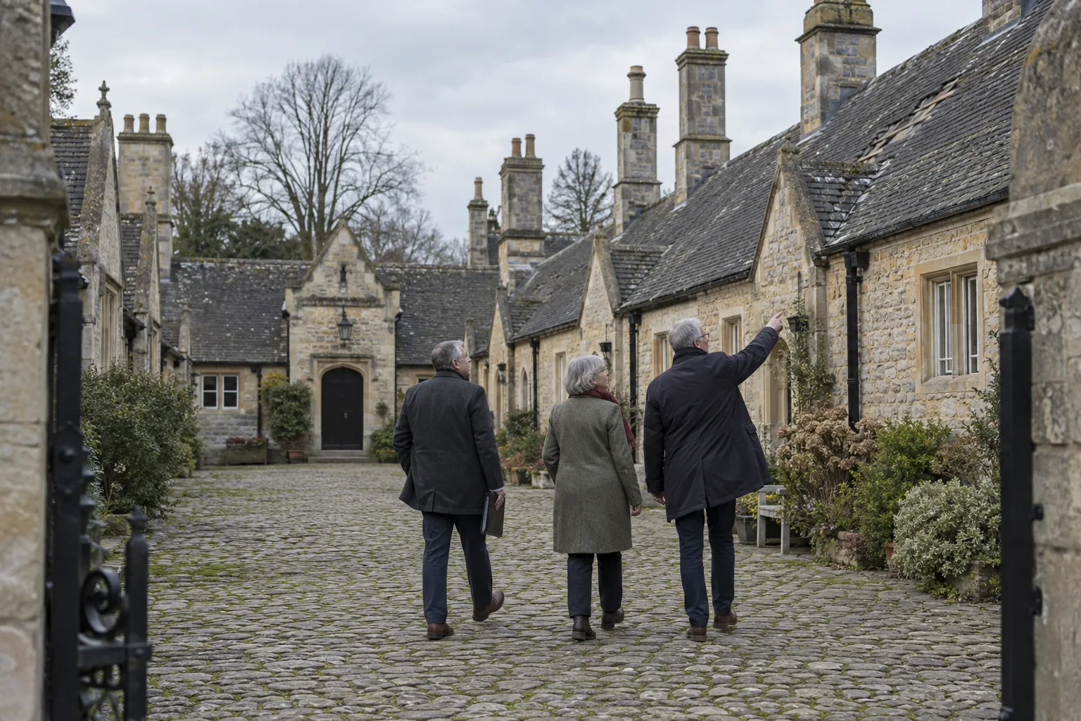 Three trustees of an almshouse charity cross the cobbled courtyard of the almshouses on a grey morning, one pointing up at a section of roof