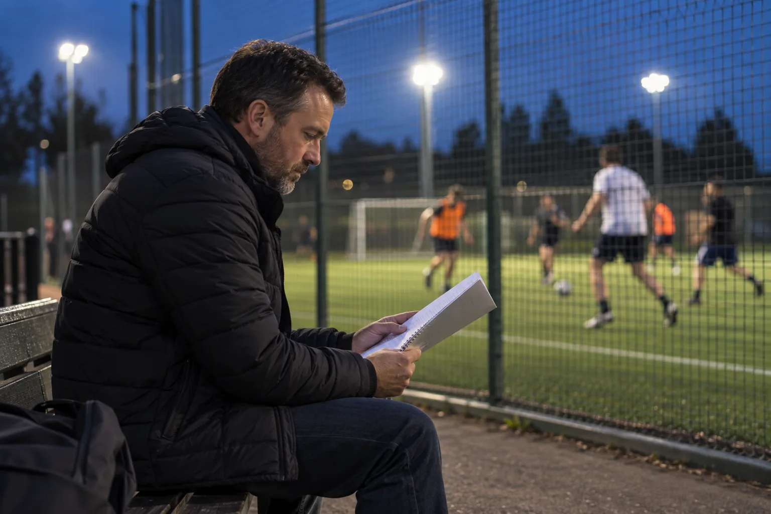 A trustee of a community sports charity reads a bound copy of the charity's constitution on a bench beside a floodlit five-a-side pitch at dusk, players blurred in the background