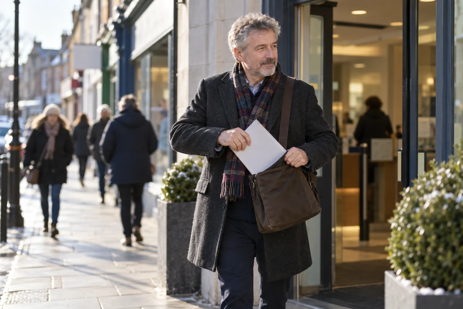 Seen from across a busy market-town high street on a bright, cold winter morning, a charity trustee in a wool coat steps out of a building society branch and tucks a document wallet into his shoulder bag, the shopfront signage out of focus