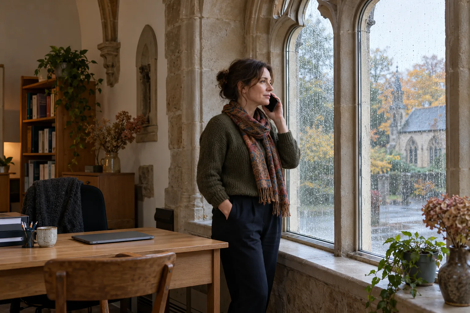 In the small office of a converted chapel now run as a community arts charity, the treasurer stands at a tall arched window on a wet autumn afternoon, talking on her phone and looking out at the rain, a closed laptop and a mug on the desk behind her