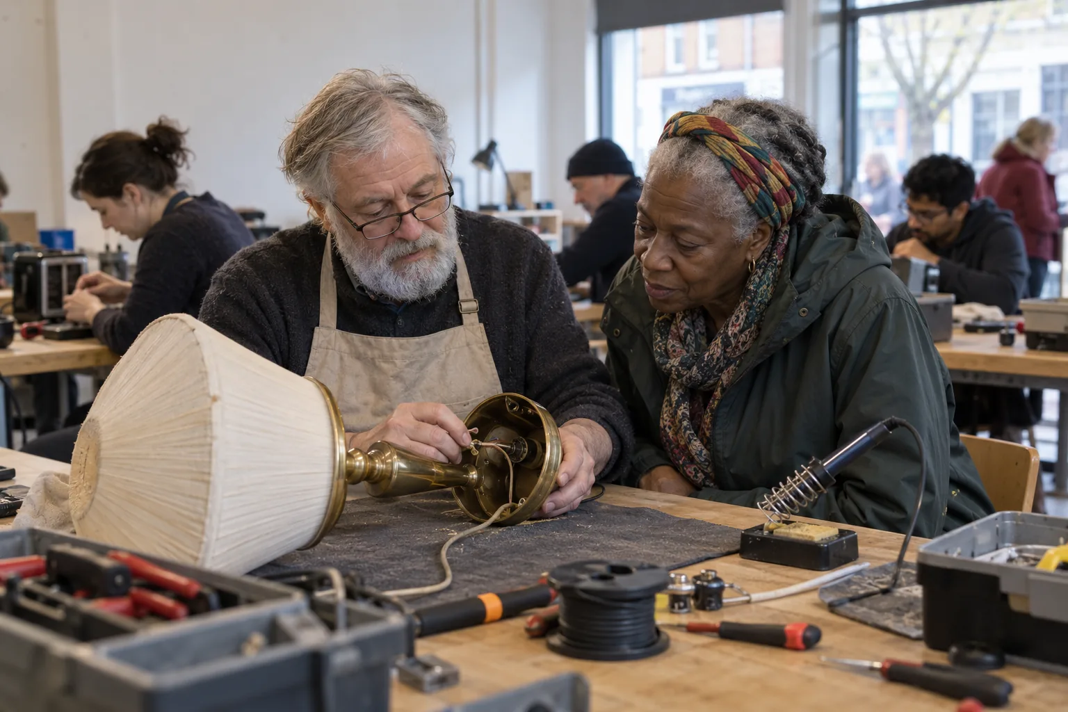 At a charity’s repair café in a former shop unit, a volunteer repairer and an older woman look inside a broken table lamp together at a workbench on a Saturday morning