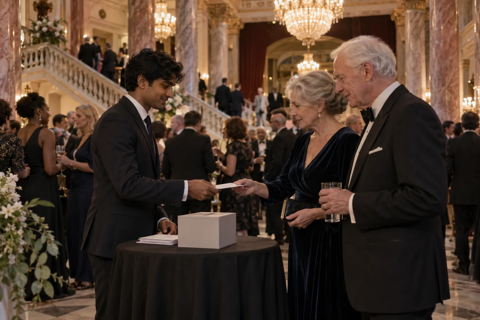 At the interval of a charity’s gala concert, a volunteer at a small standing table in a city concert hall foyer takes a donation form from an older couple in evening dress