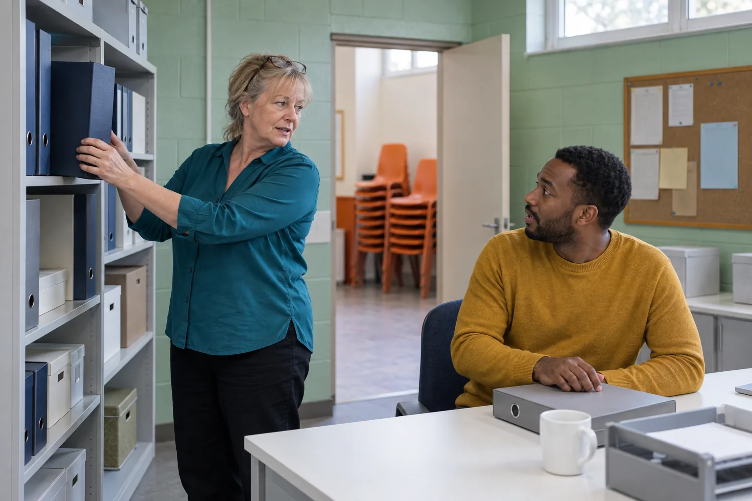A charity treasurer takes a box file down from a shelf while the manager talks with her in a community centre office.