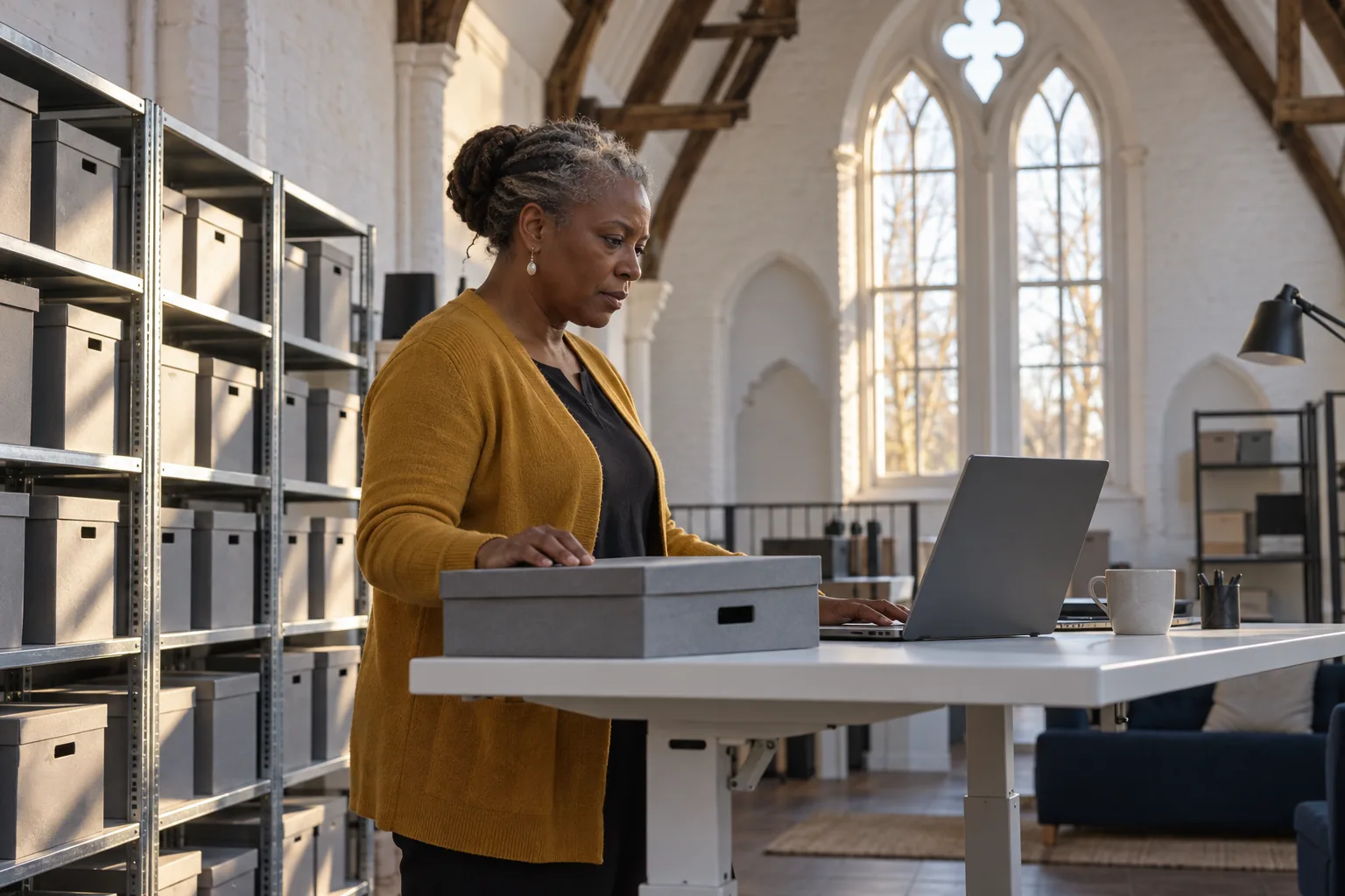 A charity treasurer works at a standing desk in a converted chapel office, steel shelving of archive boxes behind her
