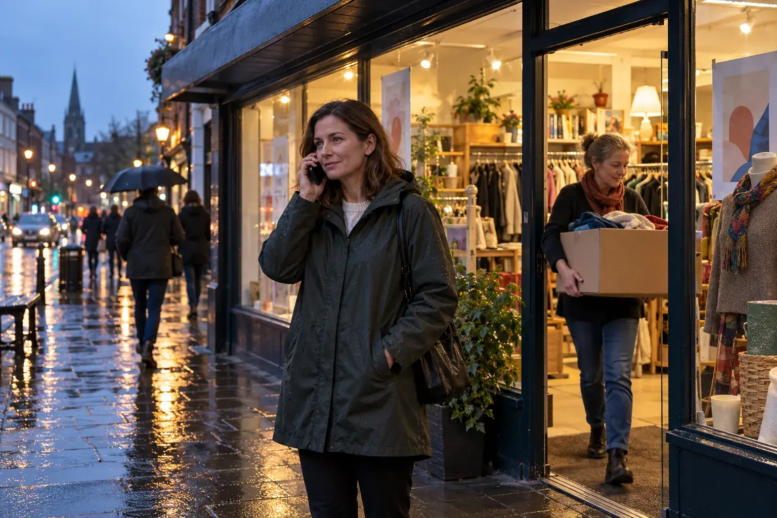 Under the awning of a charity shop on a wet high street at dusk, a woman in a raincoat takes a phone call while a volunteer carries a box of donated clothes in through the open door behind her