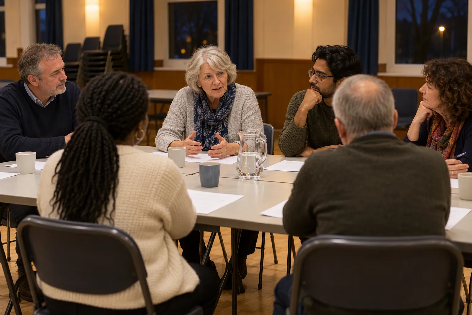 In a community hall on a winter evening, the trustees of a small charity sit around folding tables pushed together, papers and mugs in front of them, as the chair leans forward to speak and the others listen, two of them seen from behind