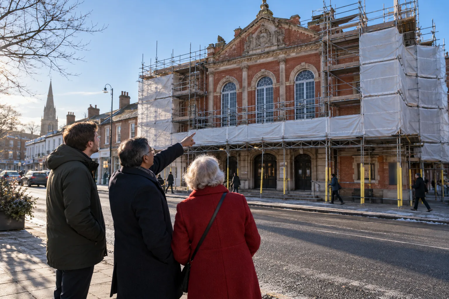 Three trustees of a small-town theatre charity stand on the pavement opposite the theatre on a bright, cold morning, looking up at scaffolding on its brick front