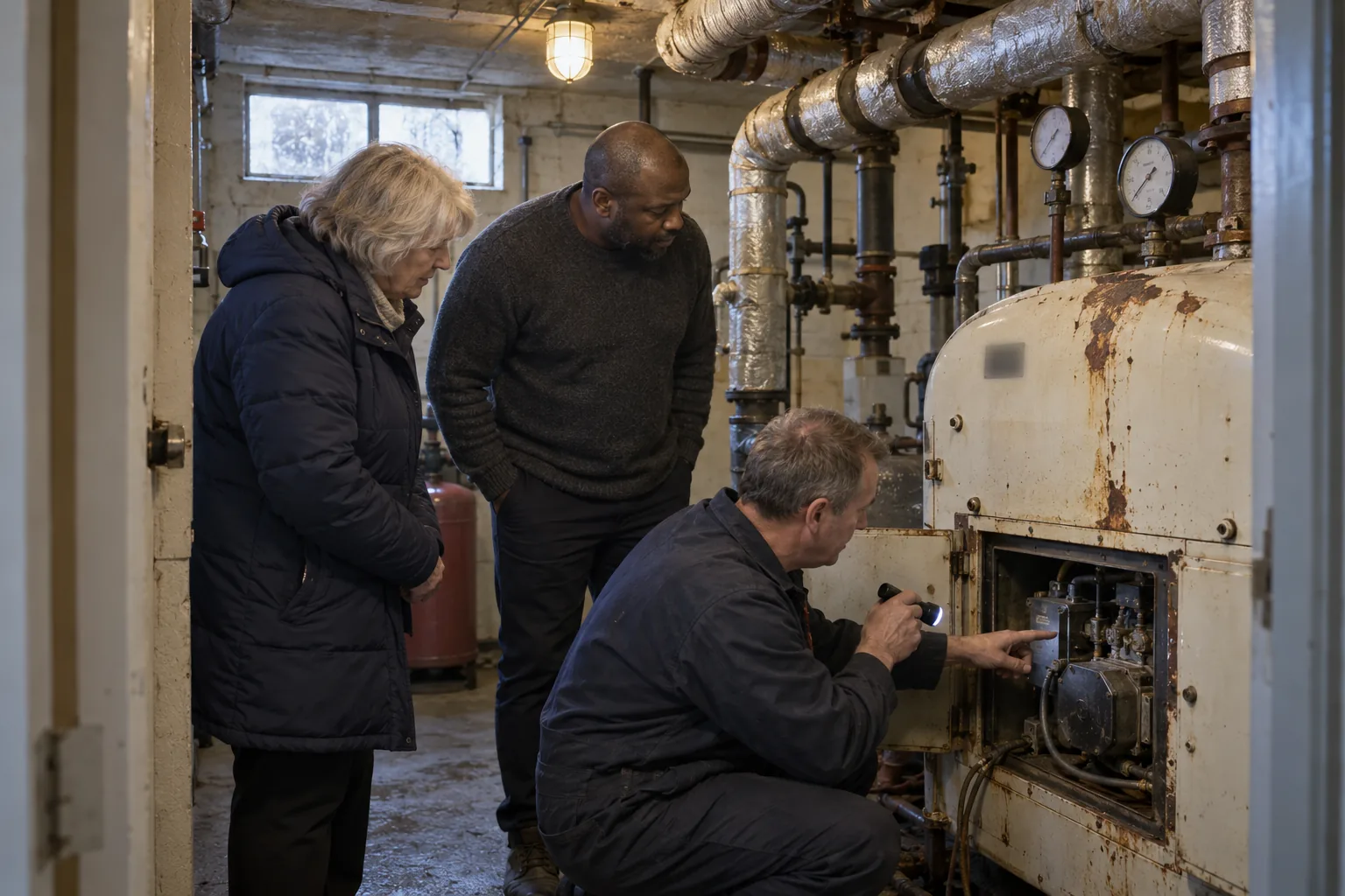 The treasurer and the centre manager of a community centre charity look over an ageing boiler with a heating engineer in the centre’s cramped plant room, pipes and gauges all around them
