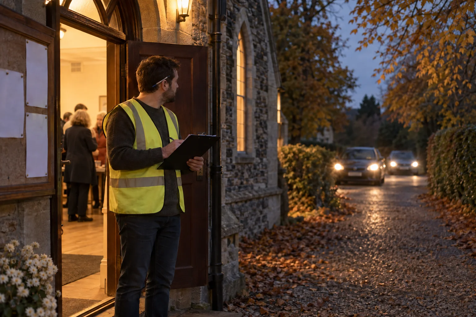A volunteer with a clipboard waits at a church hall door as cars arrive