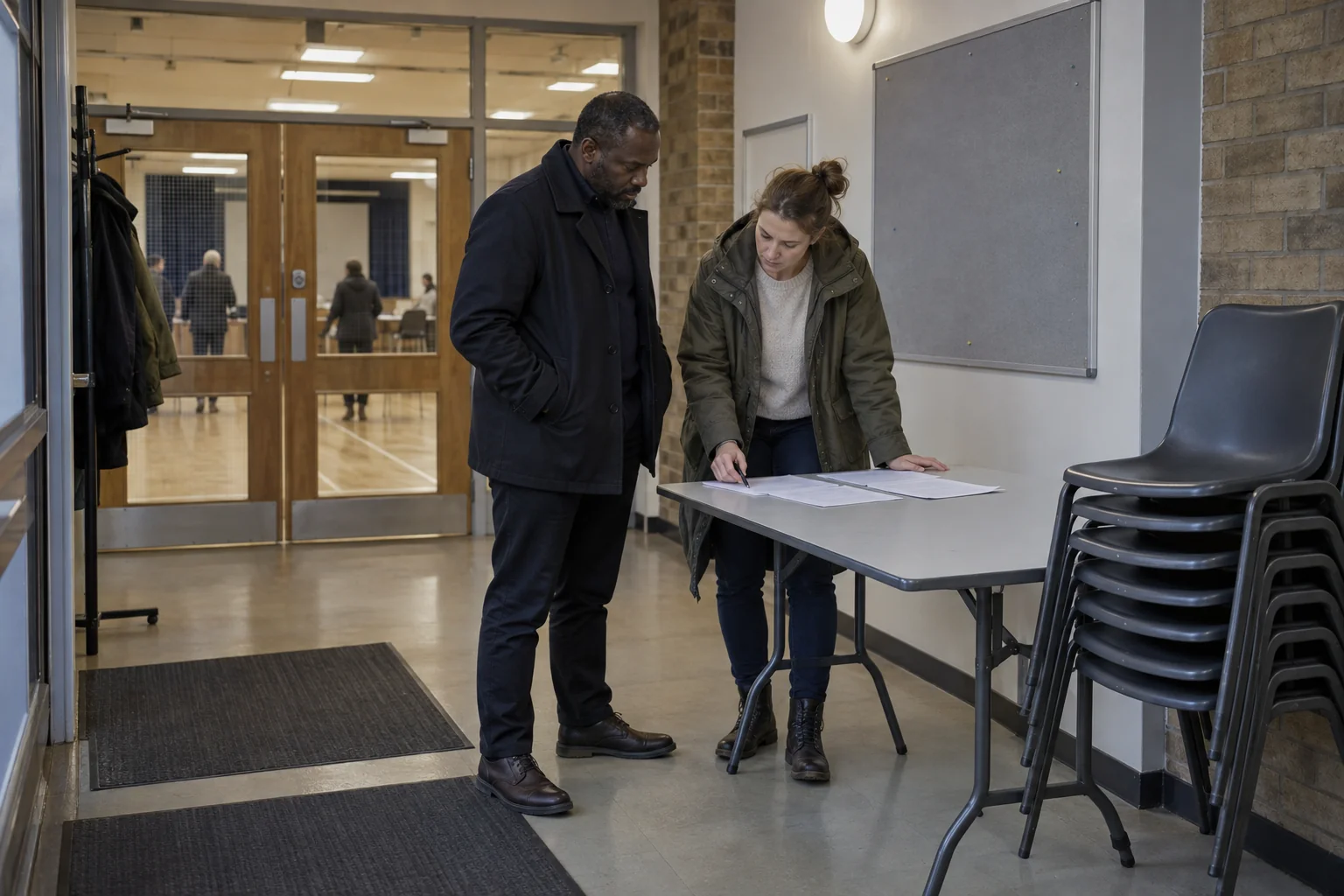 Two adults review a policy at a folding table in a community centre foyer