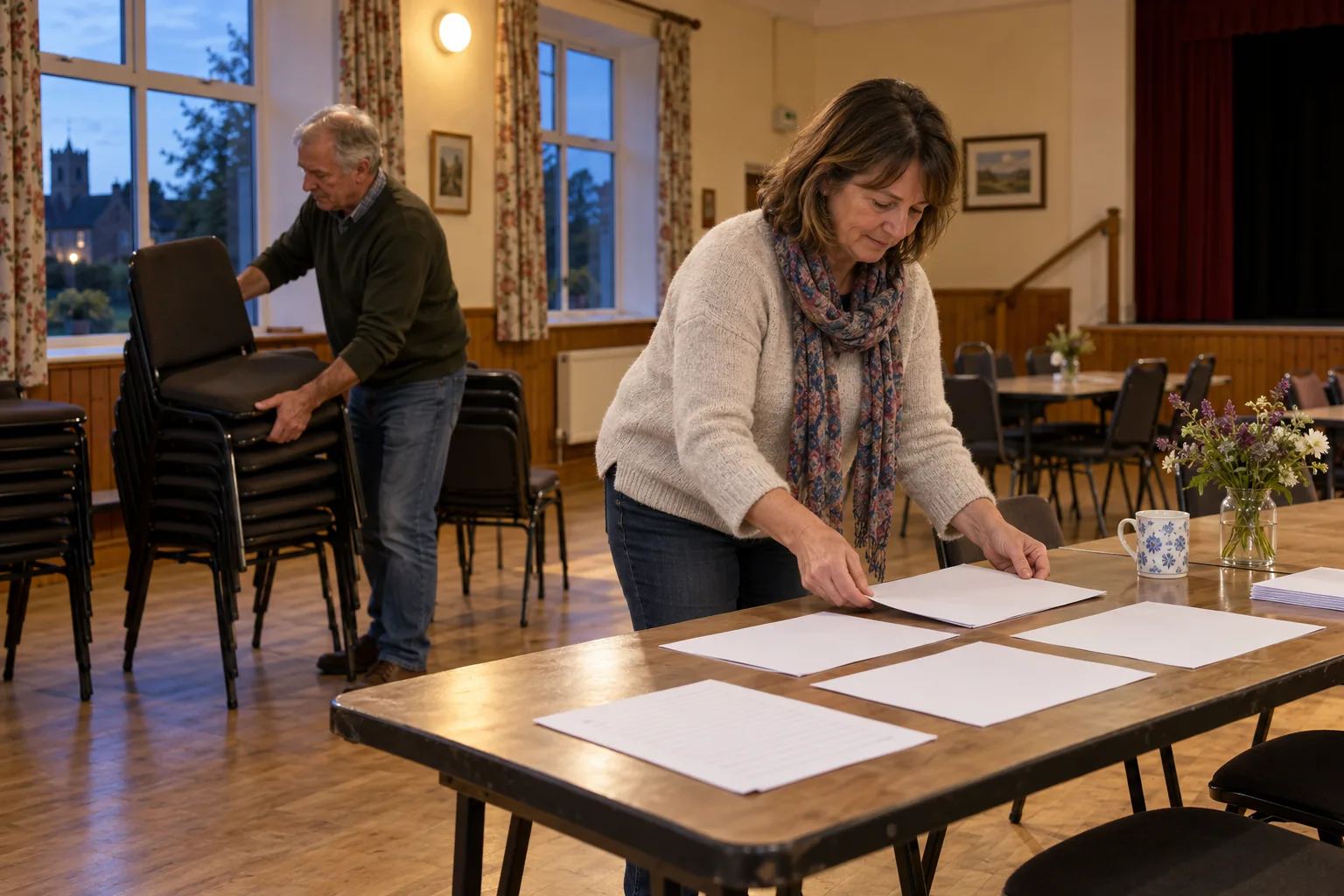 Before an evening committee meeting in a village hall, a volunteer secretary in a cardigan lays out agendas and a signing-in sheet along a trestle table while the treasurer unstacks chairs behind her, the papers face down and the hall lights warm against the dusk outside
