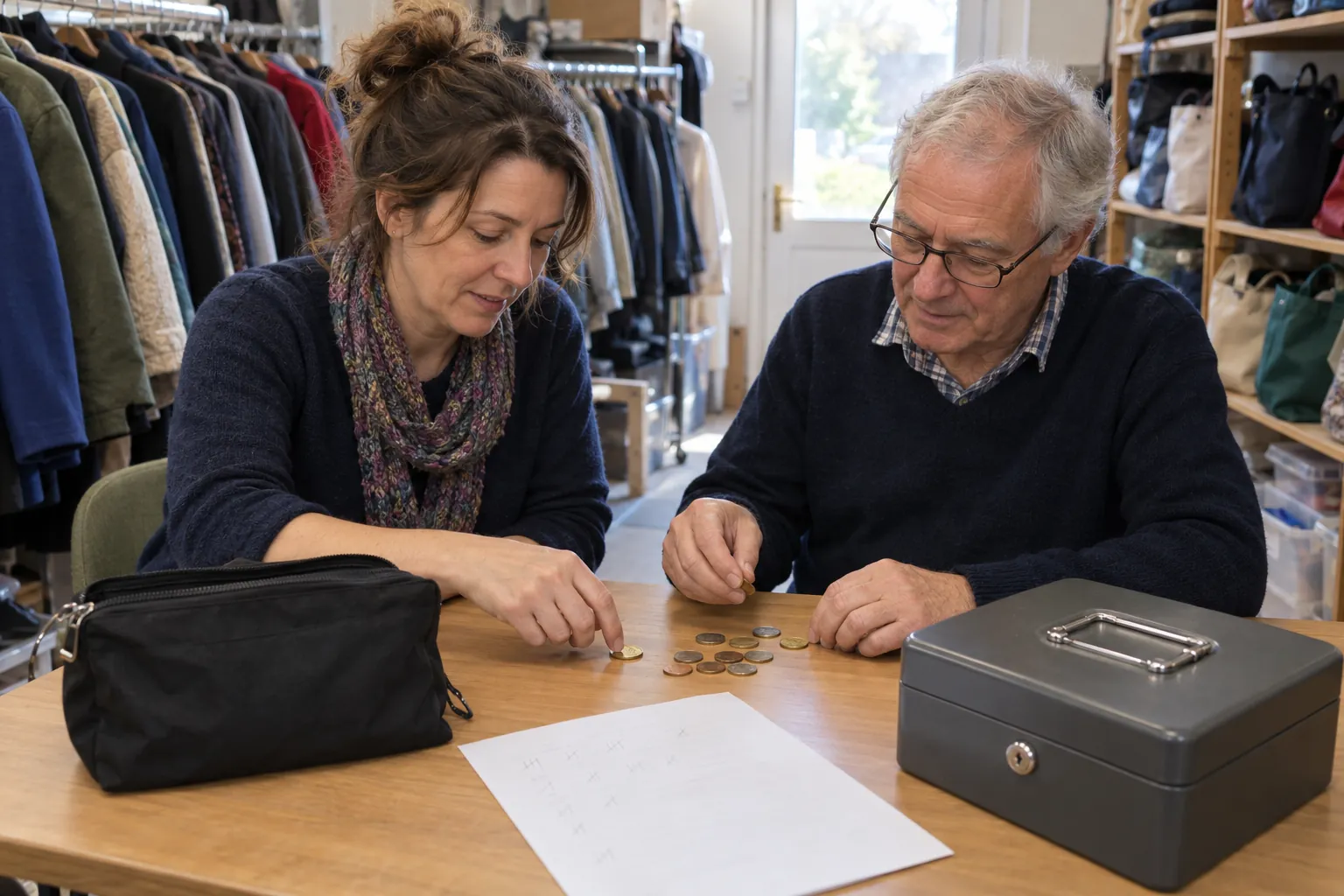 In the back room of a charity shop, a volunteer manager and a shop volunteer count the till takings together at a small desk, a cash bag and a paper tally sheet between them and rails of donated coats behind