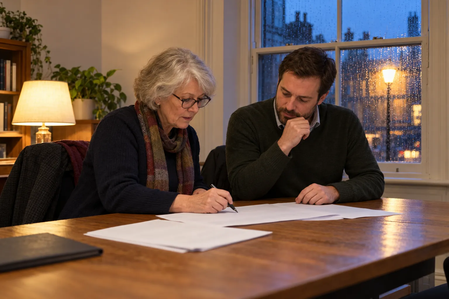 On a winter evening in a small charity's first-floor office, the chair of trustees and the treasurer sit side by side at a meeting table going through a printed timeline with a pen, coats over their chairs and rain on the sash window behind them