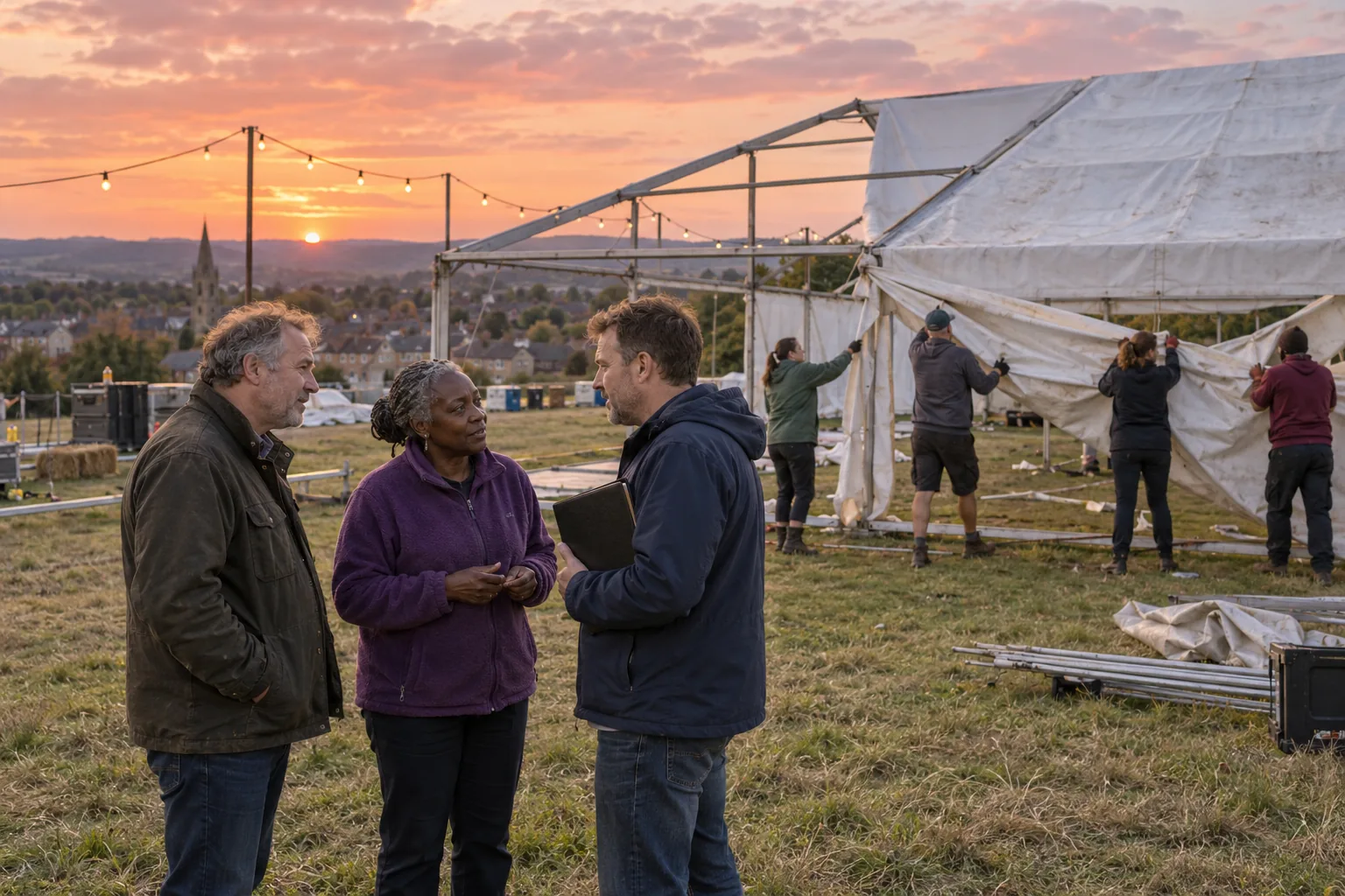 Two trustees of a small folk festival charity talk with a visitor holding a folder in a field at dusk while volunteers take down a white marquee behind them