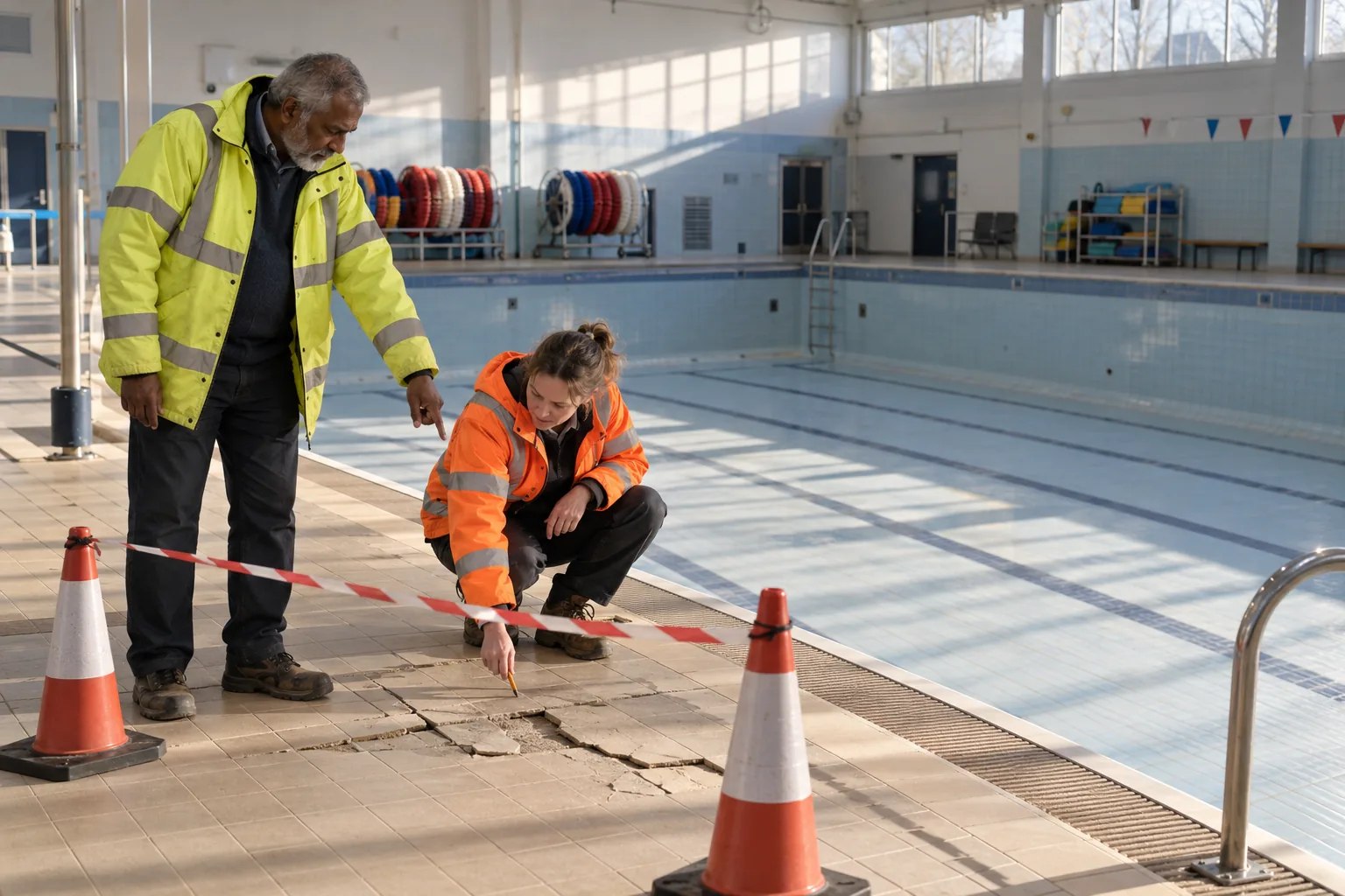 The treasurer of a community swimming pool charity talks with a contractor beside a cordoned-off stretch of cracked poolside tiles, both in high-visibility jackets, the empty pool lit by low morning sun