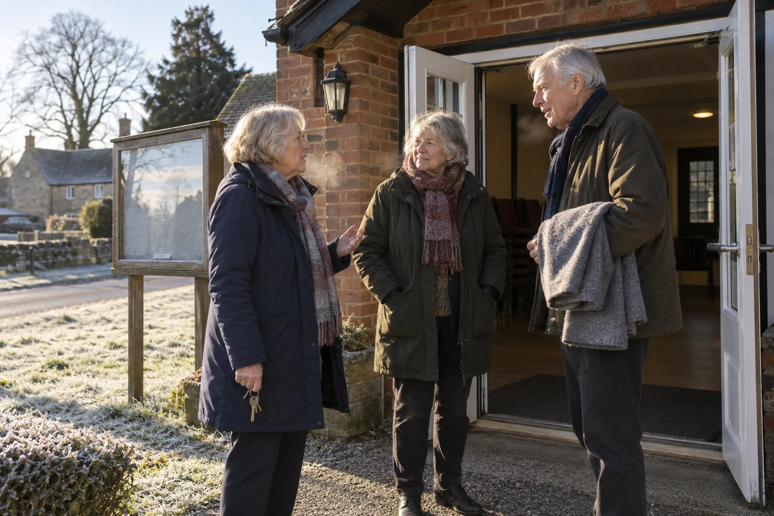 Three trustees talk in the open doorway of a village hall on a frosty morning