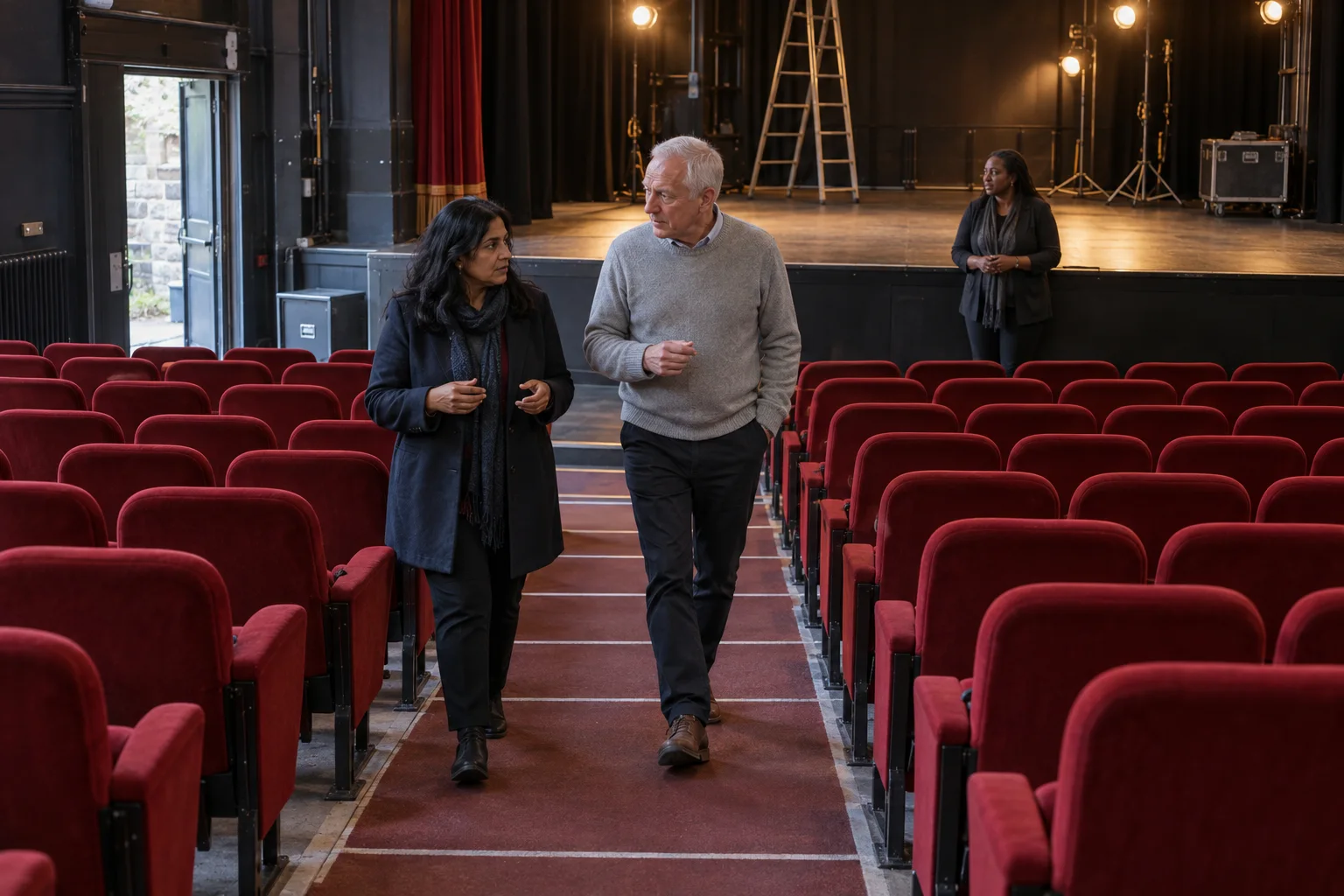 Volunteer trustees walking through a community theatre auditorium.