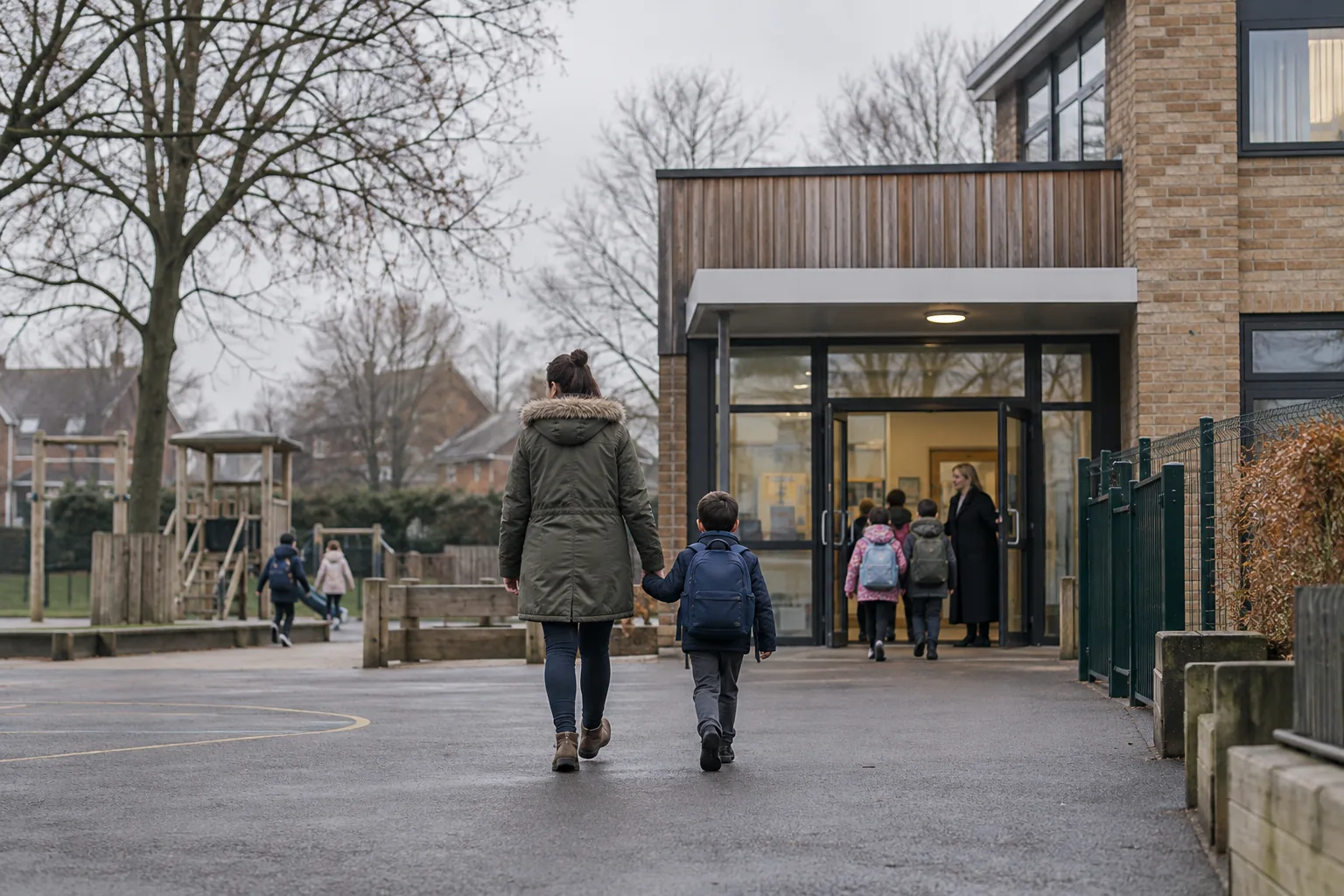 A mother and her nine-year-old son walk across a new primary school's playground towards the main entrance on a grey winter morning, a teacher waiting by the door