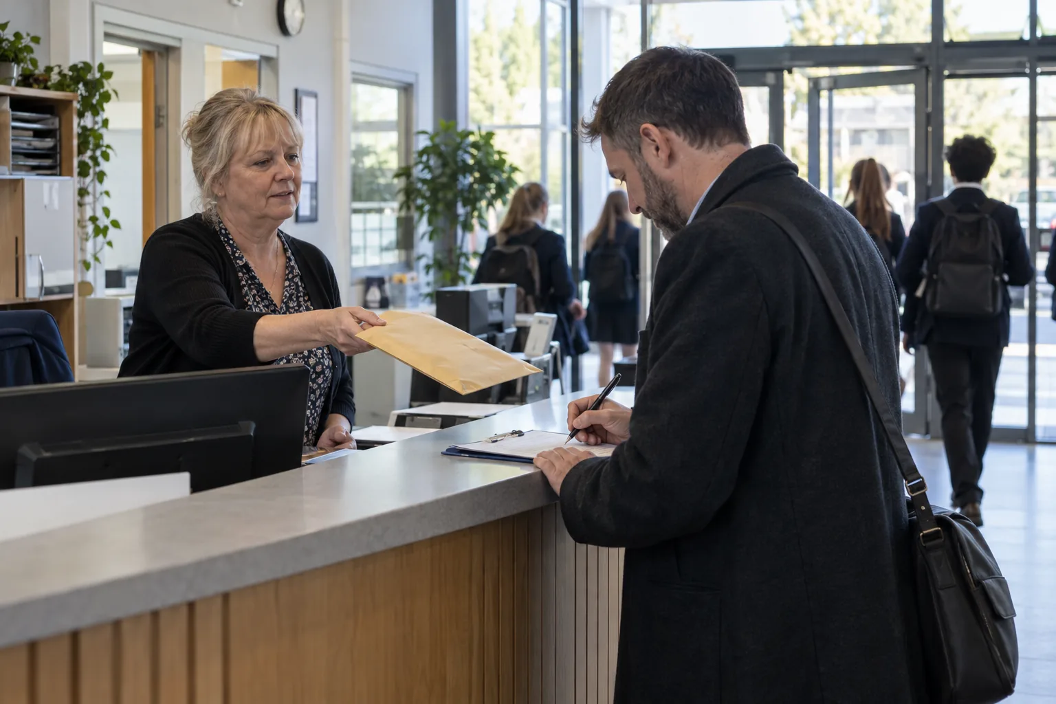 A school office manager hands a sealed envelope across the reception counter of a secondary school to a colleague from another school, who signs a delivery sheet, morning light from the entrance doors