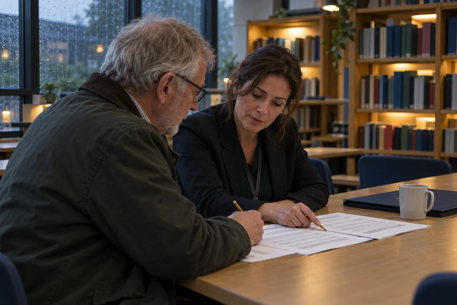 After school in a secondary school library, a governor and the headteacher sit side by side at a long table annotating a printed policy in pencil, seen over their shoulders, rain on the tall windows and lit bookshelves soft behind them