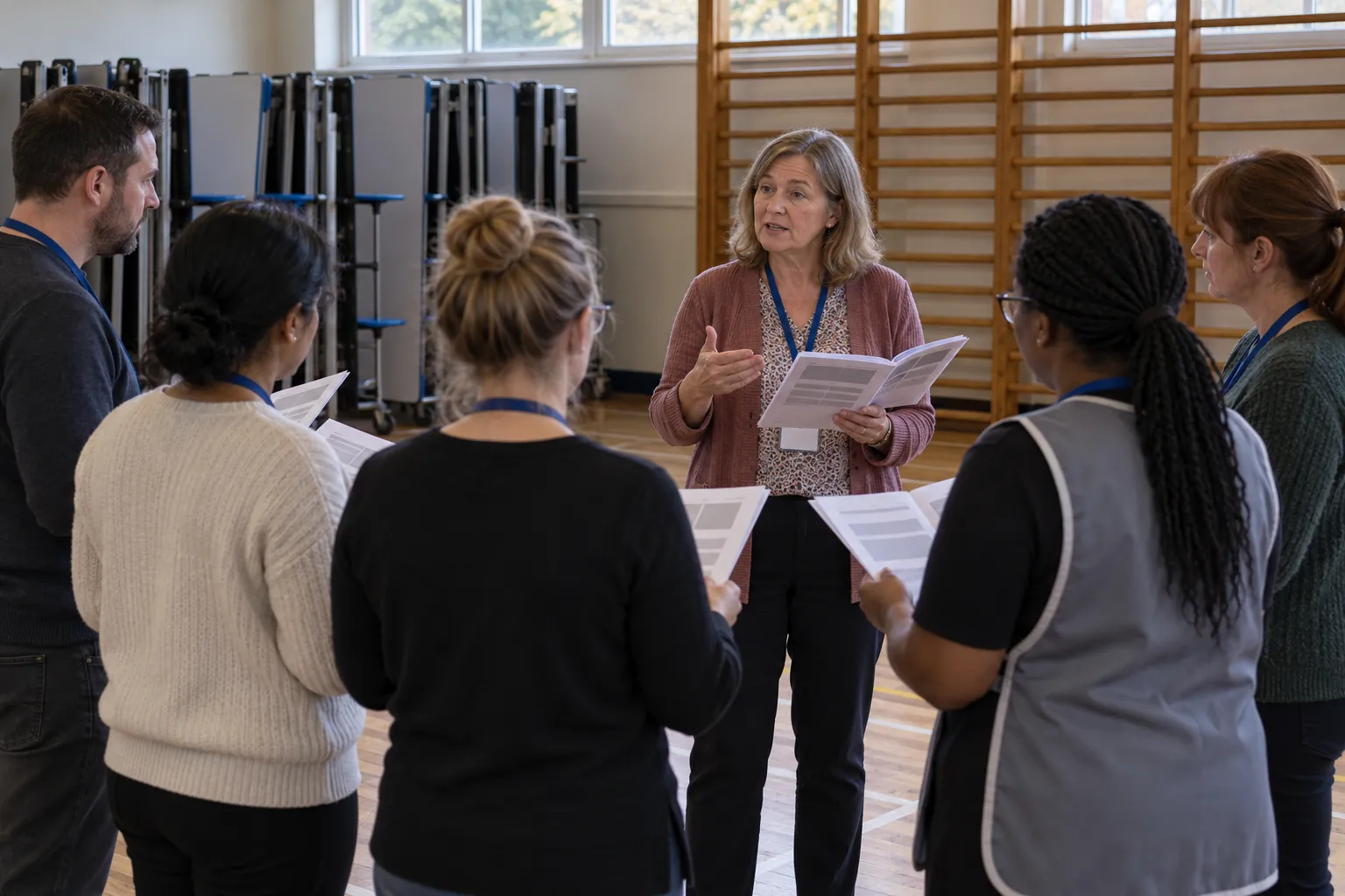 On a September morning in a primary school hall, a designated safeguarding lead talks a small group of new teaching assistants and lunchtime staff through the printed policy each of them holds, all wearing staff lanyards, seen side-on from the back of the group with wall bars and stacked dinner tables behind