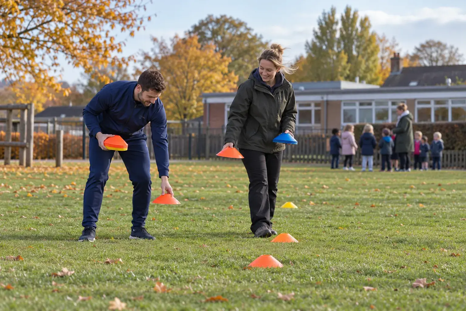 After school on a breezy autumn afternoon, a visiting sports coach in a plain navy tracksuit and a play leader lay out cones on a primary school field, a small group of children in the distance waiting by the fence with a second adult