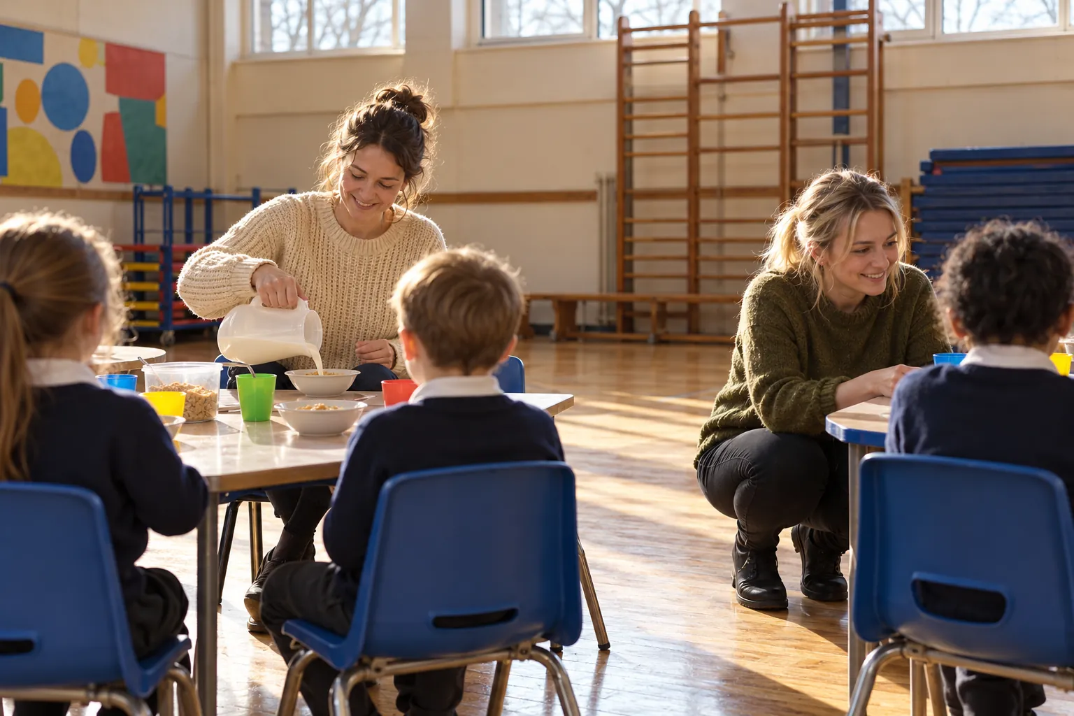 At a primary school breakfast club in the hall on a winter morning, a teaching assistant pours milk into cereal bowls at a low table while a play worker crouches beside the next table, children seen from behind and out of focus, low sun through high windows
