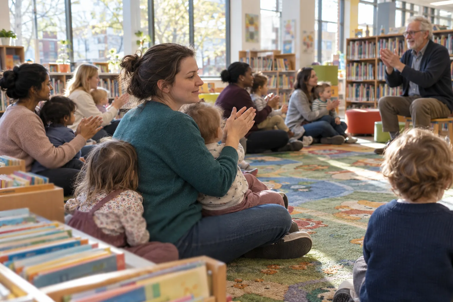 At rhyme time in a town library, a childminder sits cross-legged on the carpet among parents and carers, clapping along with a toddler on her lap, as the librarian leads from a low stool