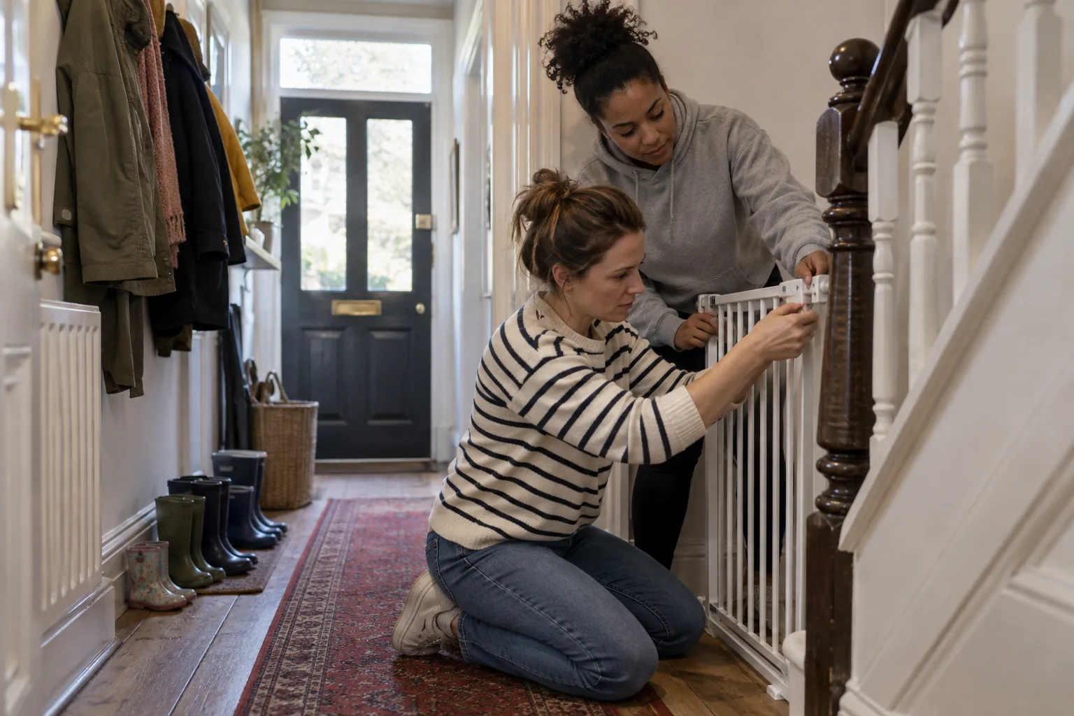 In the hallway of a terraced house, a childminder and her assistant kneel at the foot of the stairs to check a safety gate before the children arrive