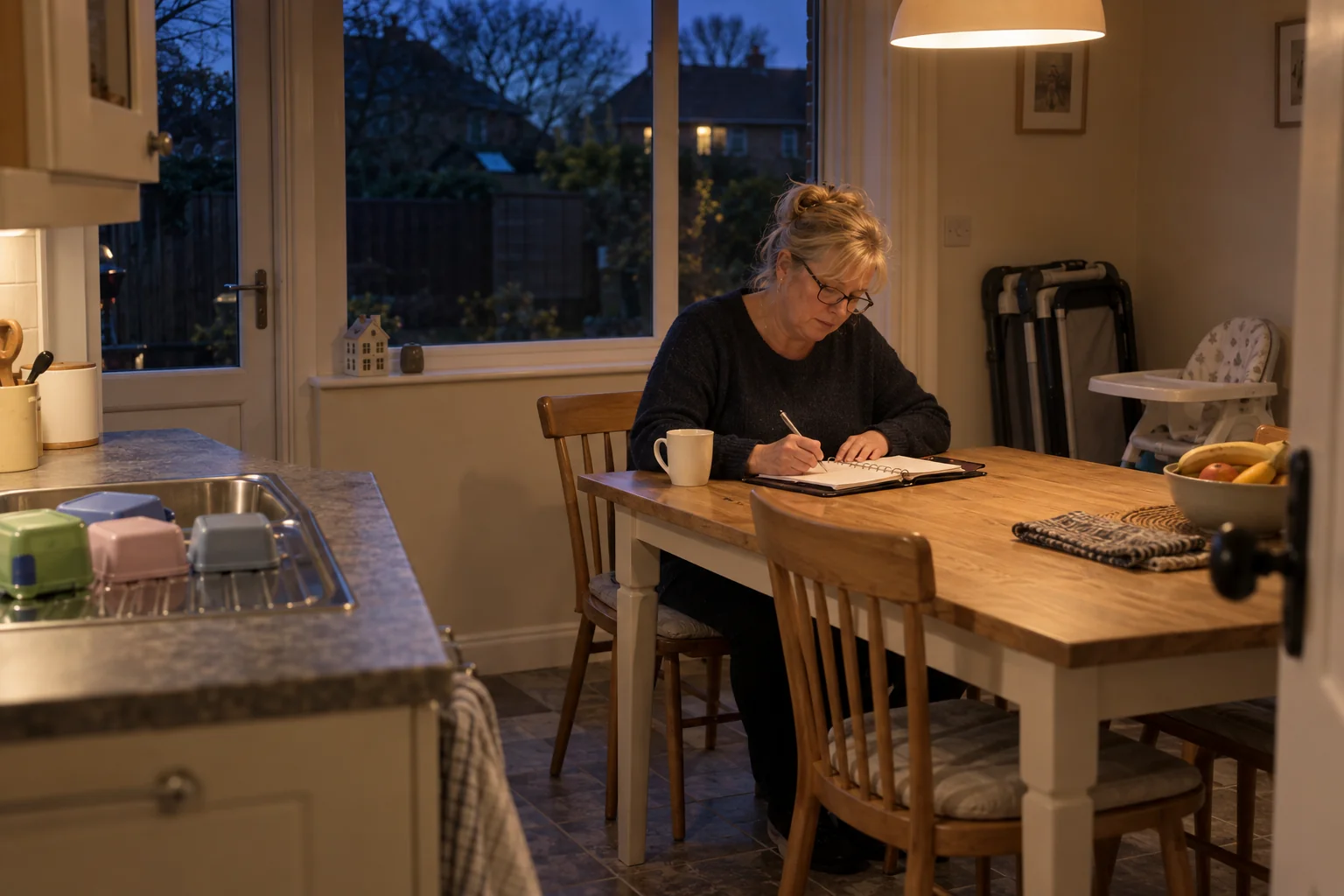 A childminder writes at her kitchen table after the day’s care has finished